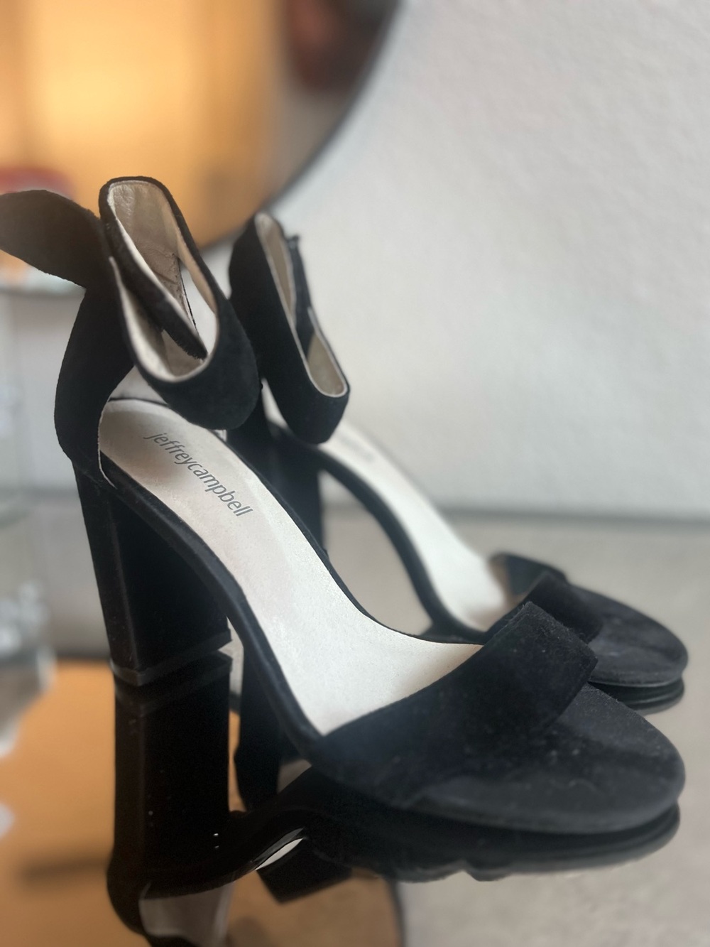 Jeffrey Campbell Black Suede High Block Heel Sandals Velcro Ankle Strap Size 8